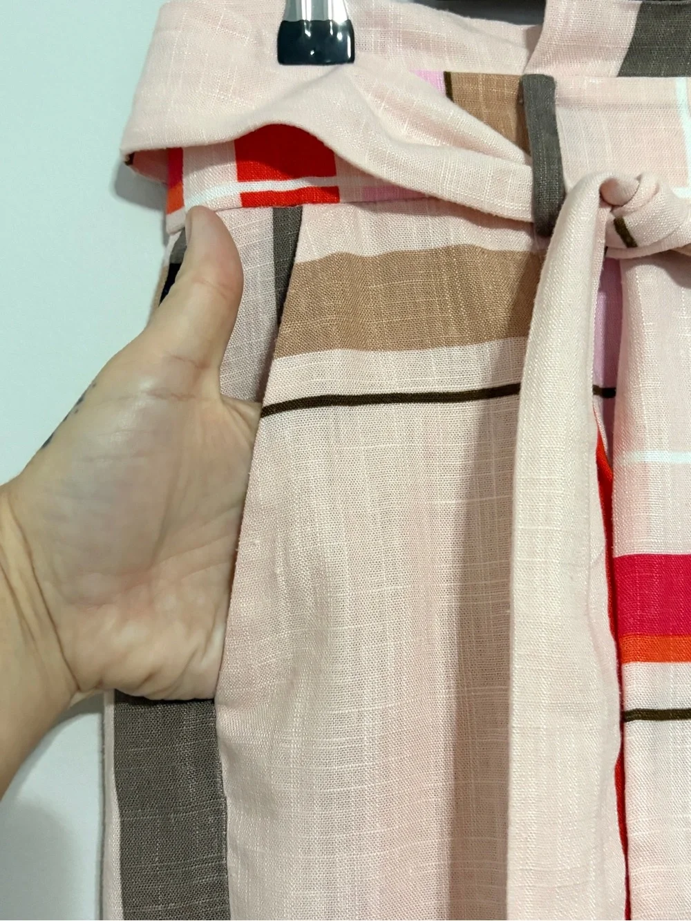 Ann Taylor Petite Striped Plaid Belted Skirt in Cream, Coral & Tan Size 8P NEW